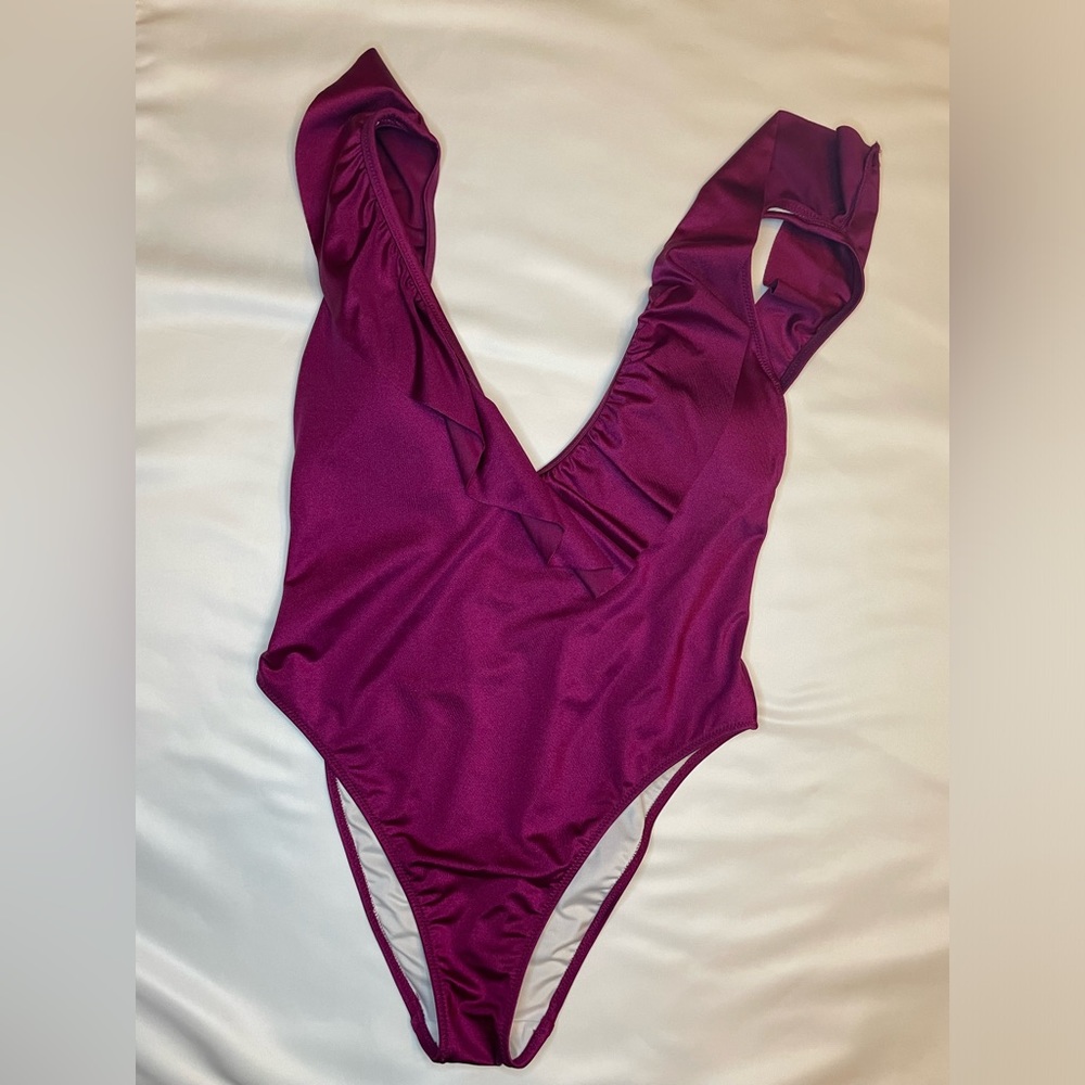 NWOT Pink Victoria’s Secret plunge one piece ruffle magenta size small